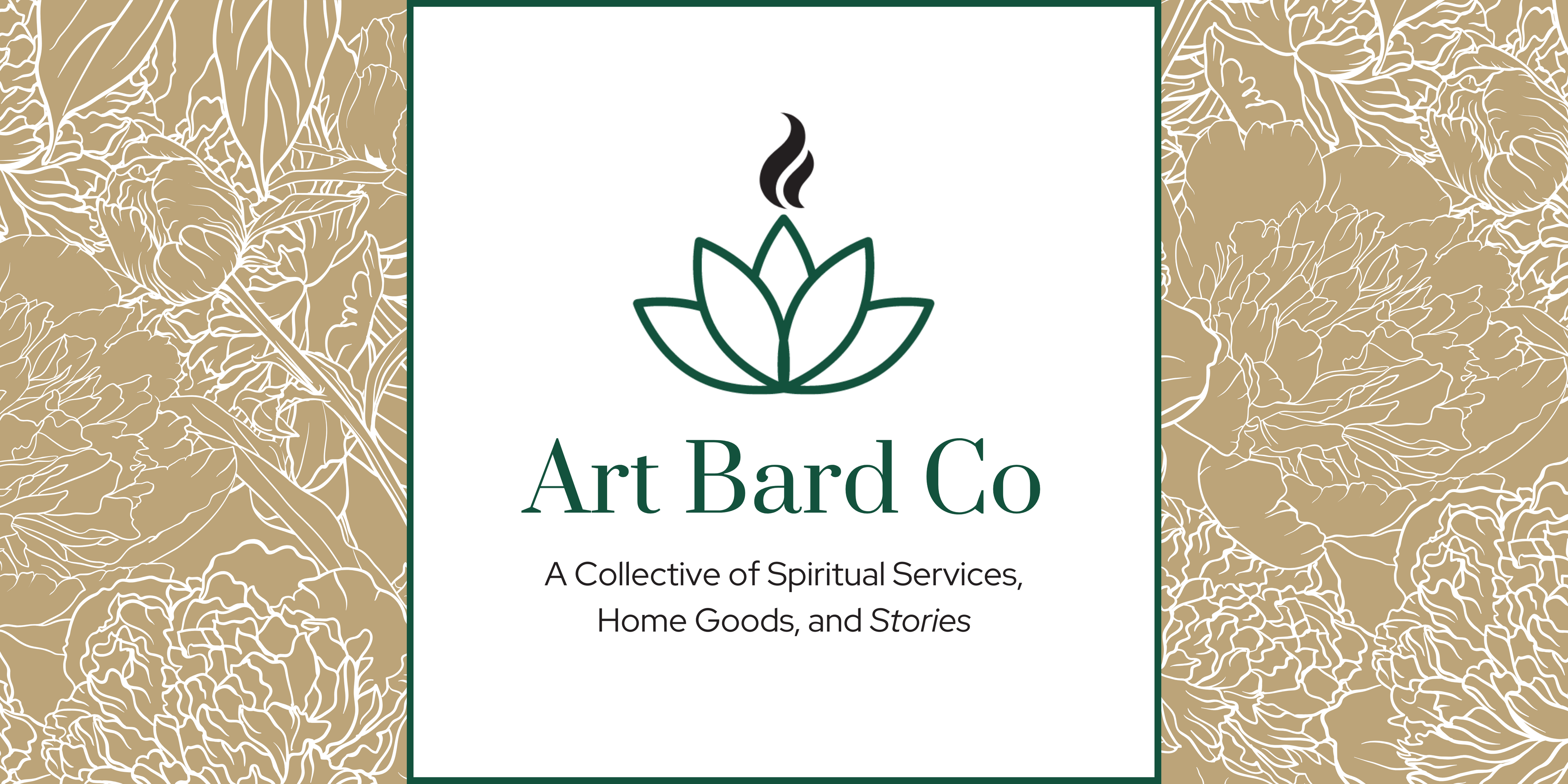 Teal, Tan, and White Site Banner with floral background for Art Bard Co on the website ArtBard.Co