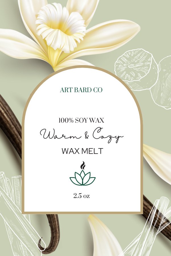 Art Bard Co wax melt label for "Warm and Cozy" scent